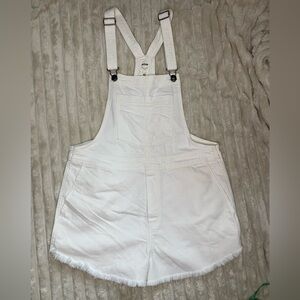 aerie White Denim Short Overalls with Frayed Hem